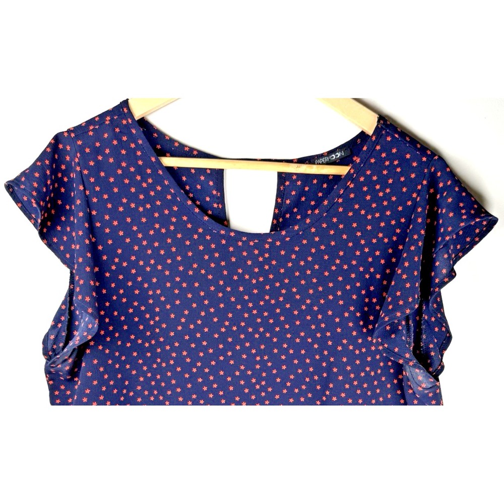 Paper Moon Flutter Short‎ Sleeve Navy Blue Red Stars Keyhole Back Womens XL - Picture 2 of 7